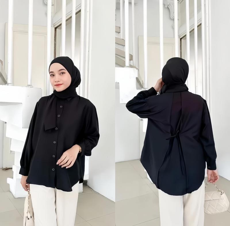 Atasan Kemeja Basic Wanita Tali Belakang Polos Bahan Polo Linen Premium 1