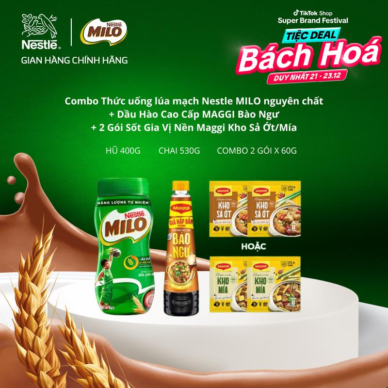 Mega live 11-23h 22.12 Nestlé VN Combo Hũ thức uống lúa mạch Nestlé MILO Nguyên chất Hũ 400g + Dầu Hào Cao Cấp MAGGI Bào Ngư Chai 530g +2 gói Xốt gia vị nền MAGGI Kho Sả Ớt Mía 60g