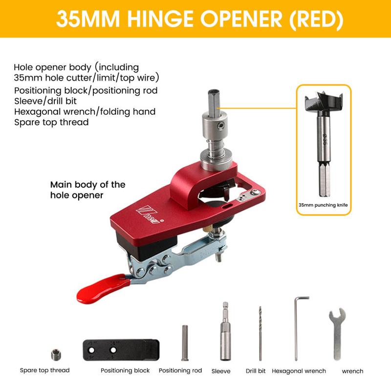 Product Introduction of 35mm Hinge Boring Jig Woodworking Hole Drilling Guide Locator with Fixture Aluminum Alloy Hole Opener Template Tools 25