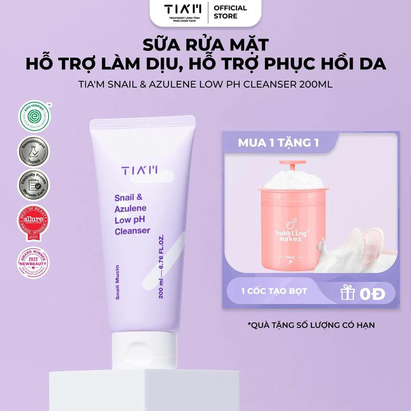 [Tặng cốc] Sữa Rửa Mặt Tinh Chất Dịch Lọc Ốc Sên Làm Dịu Và Hỗ Trợ Phục Hồi Dành Cho Da Dầu Mụn, Nhạy Cảm TIA’M Snail & Azulene Low pH Cleanser 200ml