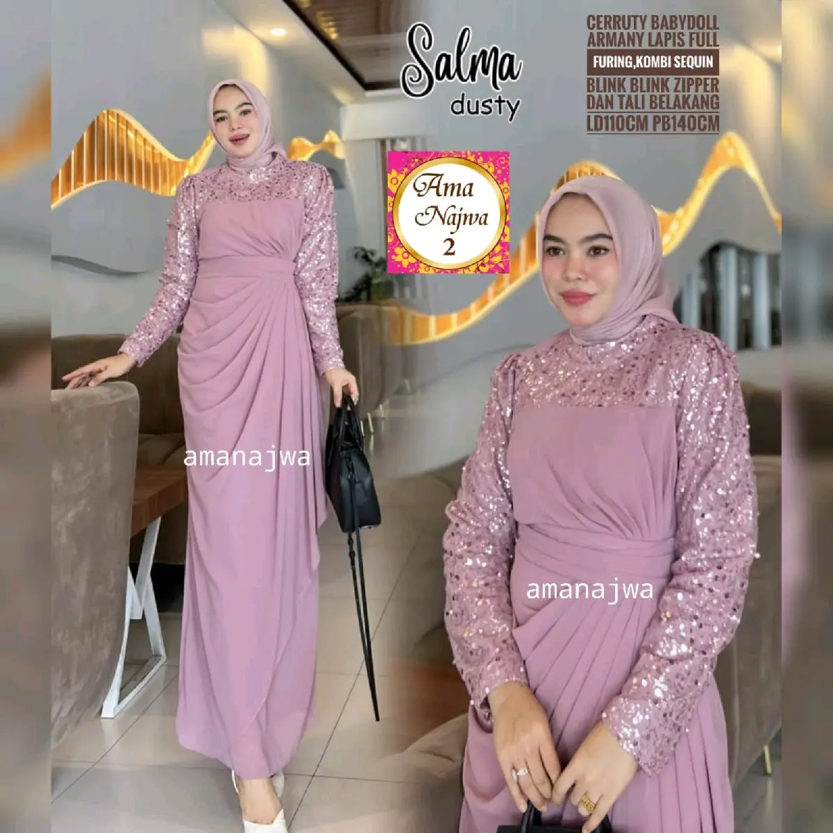 DRESS PESTA Blink-Blink Bahan Ceruty Babydoll Armany Full Furing Kombi Sequin LD 110 Good Quality Muslim Kondangan Mewah Simple Lebaran Gamis