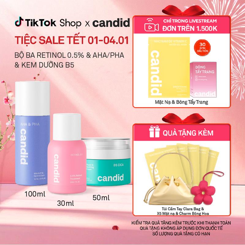 Bộ Ba Hỗ Trợ Cải Thiện Và Phục Hồi Da Candid Retinol 0.5% 30ml & Kem Dưỡng B5 Cica 50ml & AHA PHA 100ml