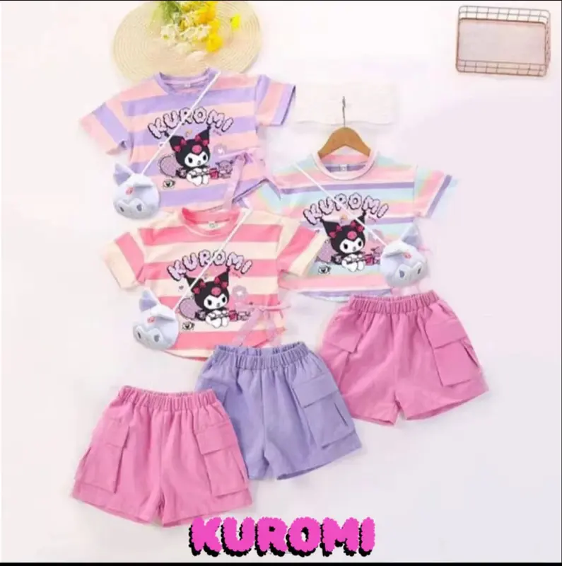 One set kaos anak perempuan baju dan celana pendek model import / set model korea anak perempuan motif terbaru dan terlaris 1-6 tahun Setelan Fashion Katun Merah 2