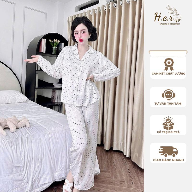 Bộ đồ ngủ nữ nhà HER Pijama chất lụa latin tơ tằm cao cấp tay dài họa tiết sang trọng