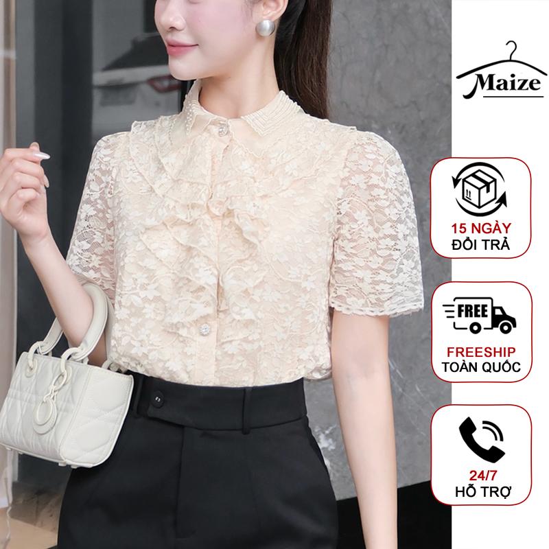 Áo sơ mi nữ cộc tay vải ren Hàn lót lụa cao cấp Maize, tay bồng nhún, viền bèo ngực phối cổ đính ngọc sang chảnh