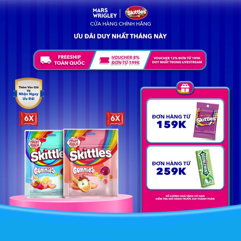  Combo 12 Gói kẹo dẻo Skittles Gummies mix vị - 6 gói vị trái cây và 6 gói vị sữa chua trái cây 