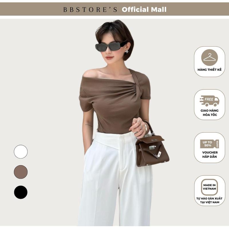  Áo Thun Tay Ngắn Nhún Lệch Vai BBSTORE'S -A2989 Nữ Women Top T-Shirt 