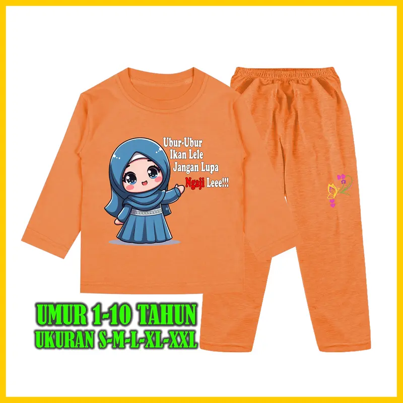 Baju Tidur Anak Perempuan Gambar Muslim Kata kata Ubur Ubur Ikan Lele Setelan Lengan Panjang - Baju Anak Fashion Celana 6