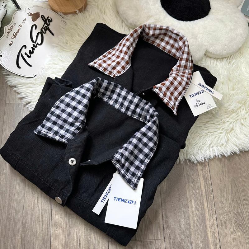 TIENSTYLE - Áo Khoác Nữ Cổ Bà Ba Kẻ Ka Rô Nâu Trắng Phom Lửng Chất Jean Không Giãn Màu Đen Có Túi Nút Bấm Free Size Dài 44-47Cm