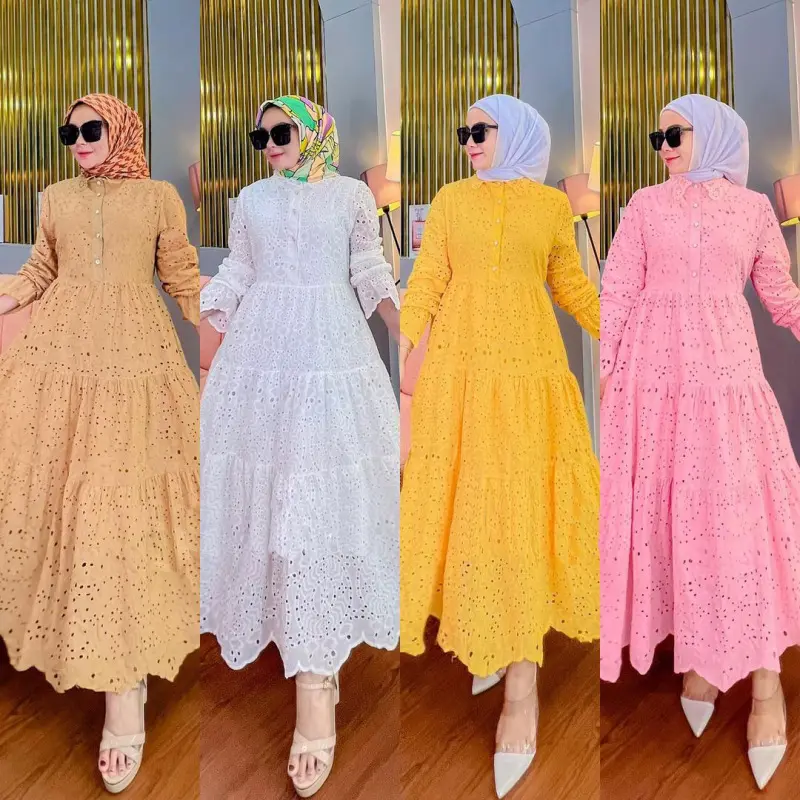Tk Muslimah Pure Color Embroidery Hollow Lace Dresses Women's Loose Casual Long Dresses