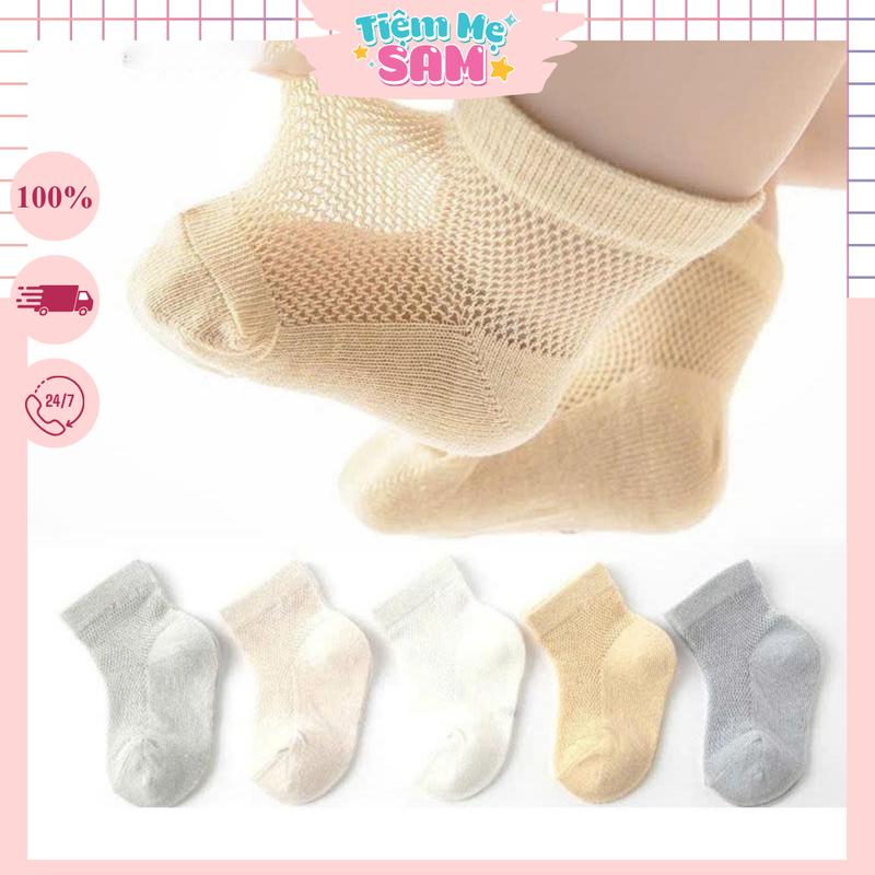 Set 5 đôi tất lưới màu trơn, chất liệu cotton thoáng khí cho bé 0-3 tuổi