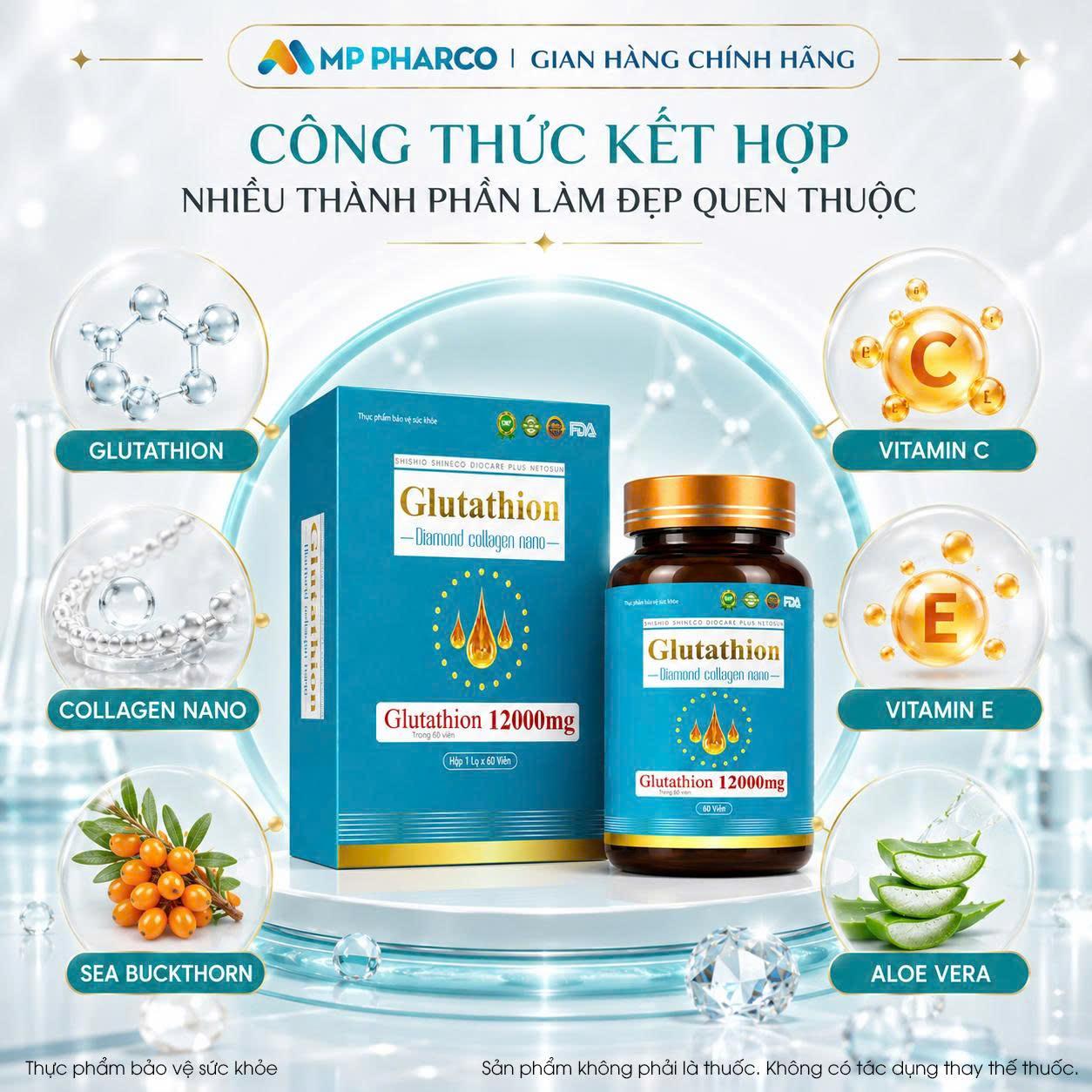 Viên uống sáng da TPBVSK Glutathion Diamond Collagen Nano 12000mg dành cho người da khô sạm, da nám, nhiều nếp nhăn , 60 viên MP14