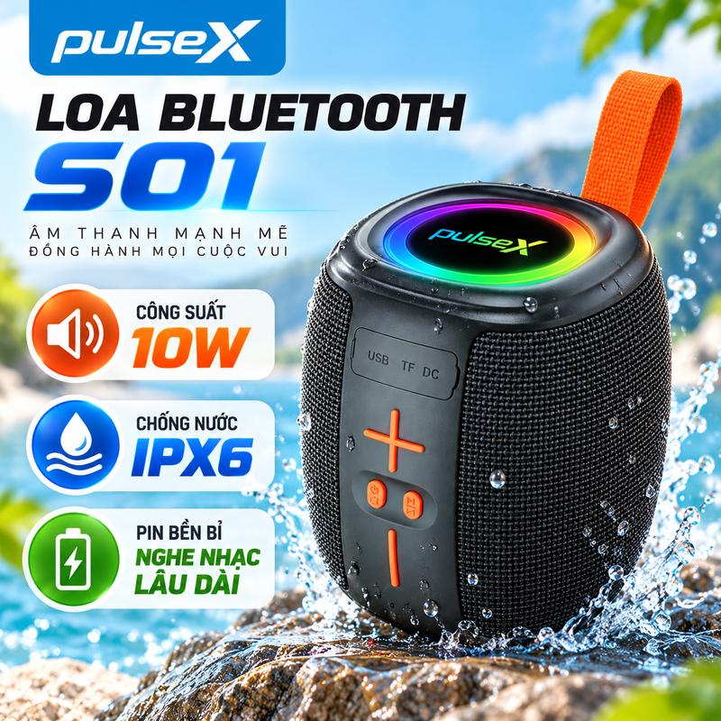 Loa bluetooth pulseX S01 phiên bản mới công xuất 10W chống nước tốt âm thanh hay thời gian sử dụng lâu dài