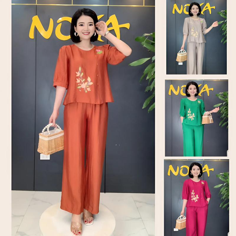 BỘ ĐŨI TƠ HÀN THÊU HỌA TIẾT B918 - THIẾT KẾ NOKA, Dáng suông thoải mái, chất đũi tơ hàn mát, mềm, nhẹ, size S- 2XL (40 - 70kg) Nữ Women Áo Top Ong