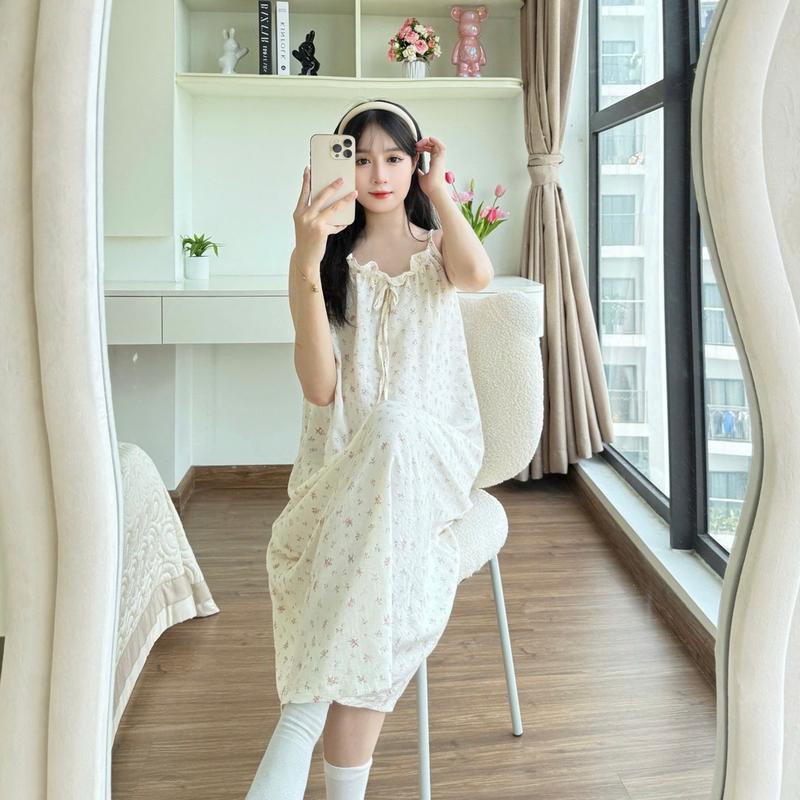 Váy Ngủ 2 Dây Hoa Nhí NT10, Chất Vải Đũi Mềm Dáng Dài, mặc ở nhà hoặc đi chơi - đồ ngủ Nana