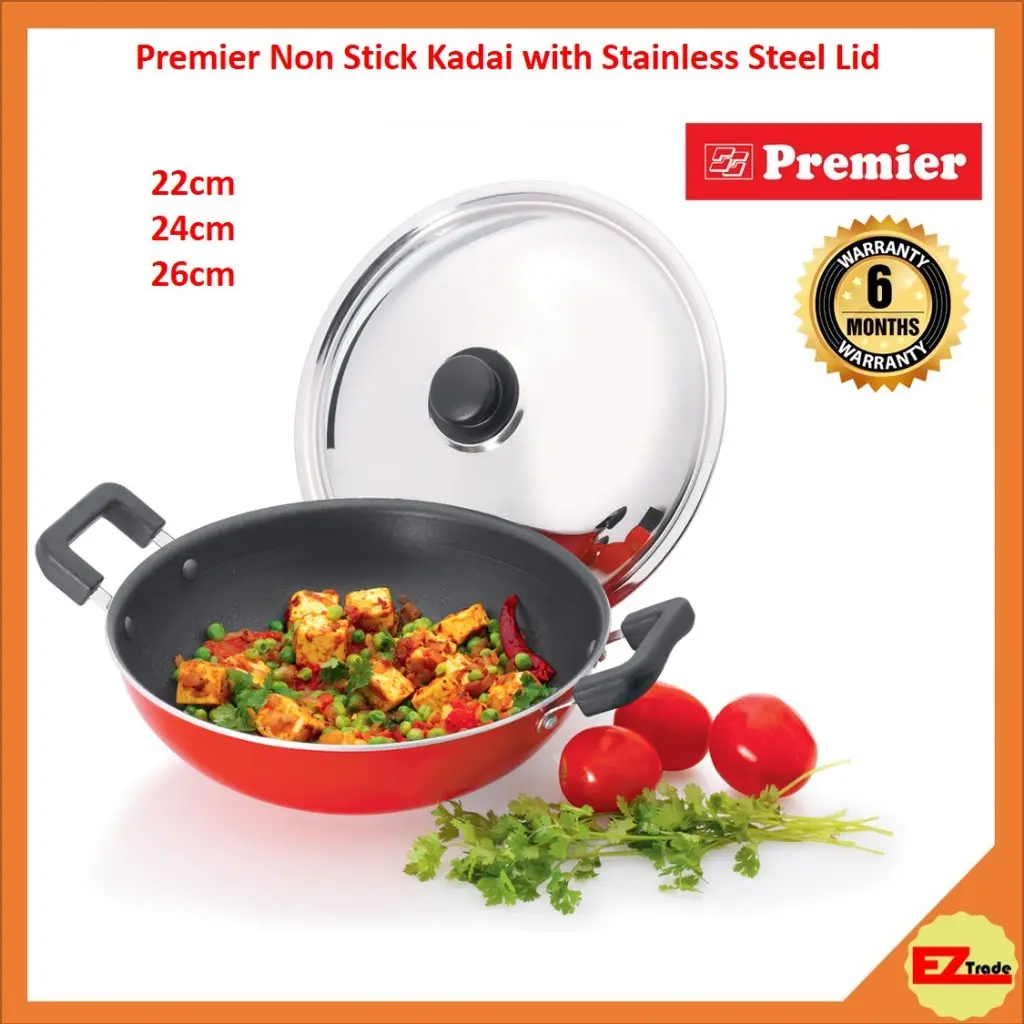 Premier Non Stick Kadai Wok with Stainless Steel lid - 22cm, 24cm, 26cm
