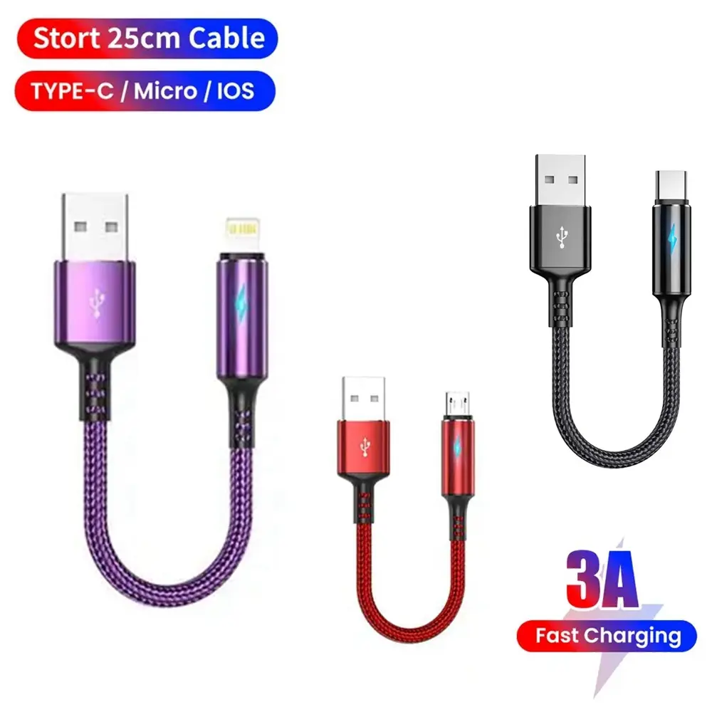 Lightning Type C Micro USB Cable 0.25cm Short Fast Charging Wire For iPhone Xiaomi Huawei Android Mobile Phone Sync Data Cord USB Adapter Wire