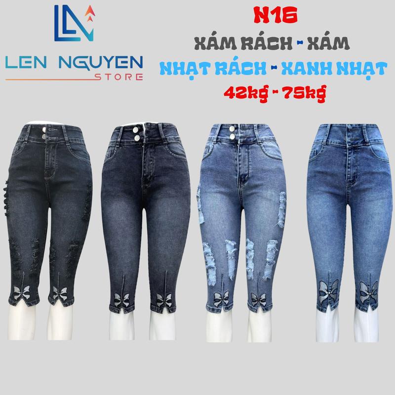 N16 [ Len Nguyen Store ] Quần Jean (Bò) Nữ Ngố 7 Tất, Lưng Cao 2 Nút,Dài 60-63cm, Màu Xám, Xanh, Size 40kg-80kg, Thiết Kế Thêu Nơ, Co Giãn, Mền Mịn, Bigsize, Hotgirl, Skinny, Ống Ôm,Trẻ Trung, Tự Tin, Dễ Phối Đồ. Women Denim Pants