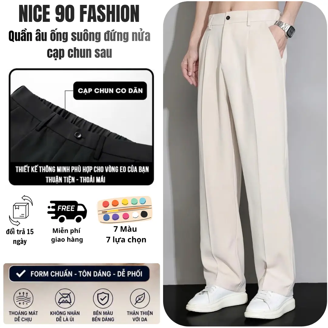 Nice90 Fashion Quần âu nam nữ nửa cạp chun sau Hàn Quốc dáng baggy ống suông vải dày thoáng màu đen chống nước sang trọng Big size hỗ trợ đổi size tại nhà