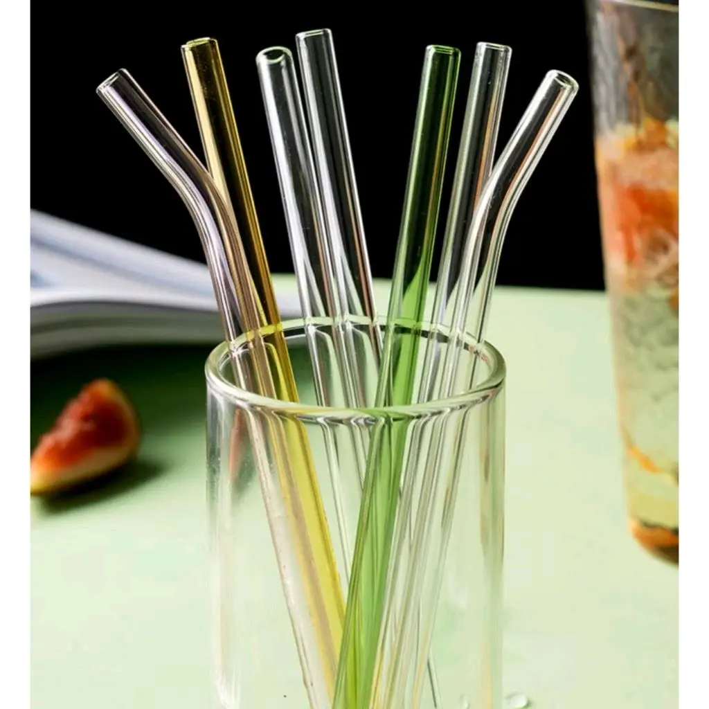 Sedotan Kaca Premium Lurus Bengkok Transparan Anti Panas reusable Glass Straw Warna bengkok lurus pv