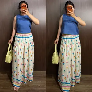 Rok Candy - Byzaf.id, Rok Panjang Motif Bunga Warna-warni dengan Top Biru, Cocok untuk Gaya Santai dan Casual