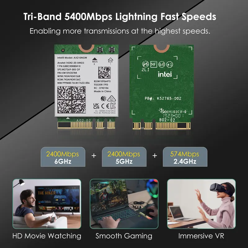 WAVLINK Kartu Nirkabel  WiFi 6E, Adaptor Jaringan Intel AX210 Tri-Band 5400Mbps 2.4GHz / 5GHz / 6GHz dengan Bluetooth 5.3 untuk Laptop, Latensi Sangat Rendah, Mendukung Windows 10 / 11 (64bit) M.2 / NGFF 2