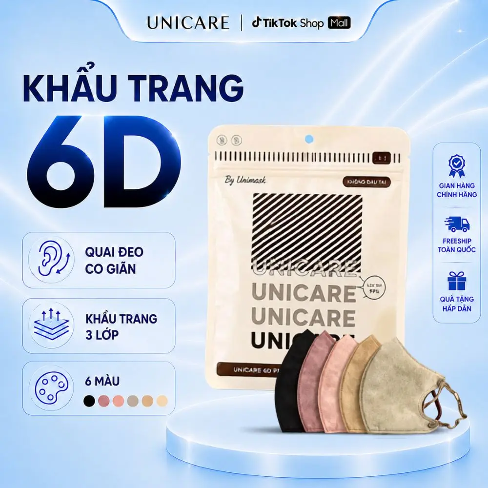 [DEAL QUÀ] Combo 100 Chiếc Khẩu Trang 6D Pro Mask Unicare Phù hợp Nam Nữ, Dây Đeo Co Giãn Chất Mềm Mại,  Chống bụi, Chống nước, Chống tia UV, Mix màu trendyPhụ Kiện