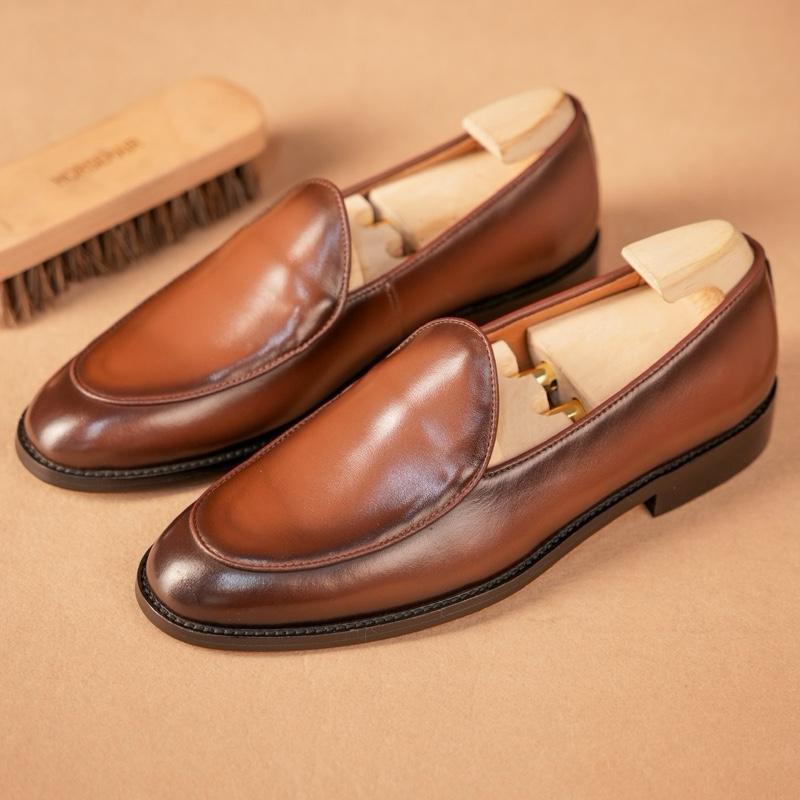 Giày da nam Belgian loafer màu nâu chất liệu da bò nhập khẩu đế gỗ phíp Cao Su Caro