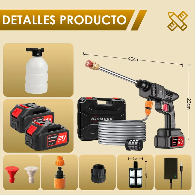Pistola Para Hidrolavadora Electrica Portatil Inalambrica Incluye 2 Baterías, Manguera De 5M Hidrolavadora eléctrica portátil y inalámbrica negro de 550W con 680psi de presión máxima - Foto 2