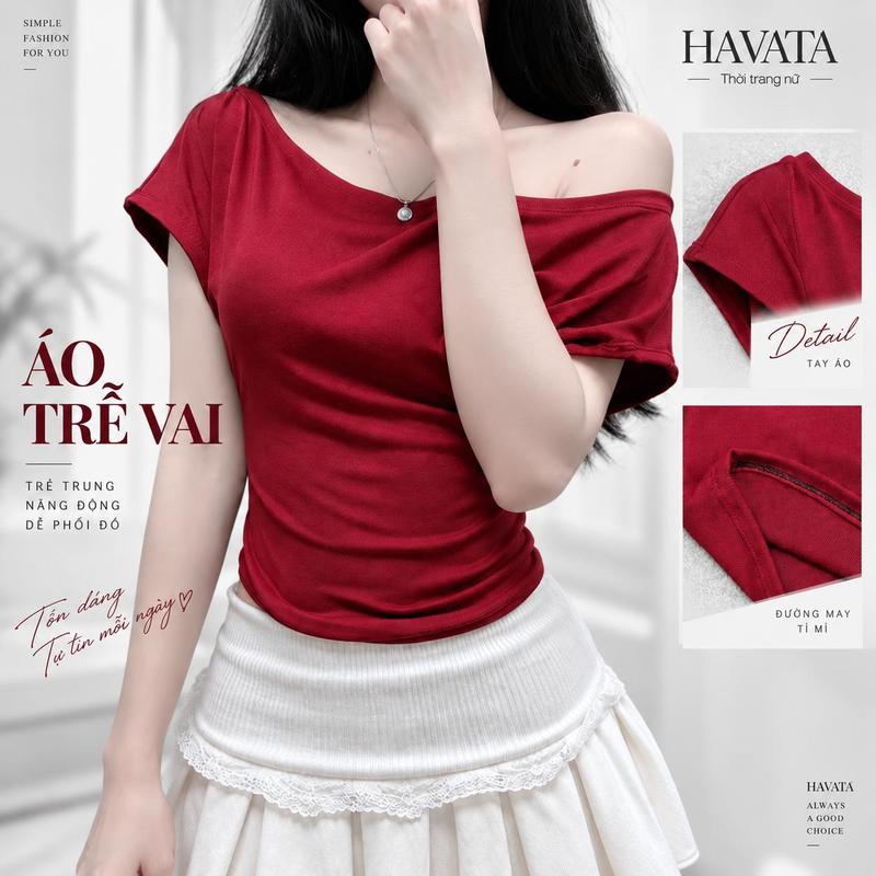 [Combo 2 áo 89k] Áo trễ vai cộc tay HAVATA VN thắt eo tôn dáng basic tiểu thư đi chơi đi làm chất thun tăm lạnh co dãn