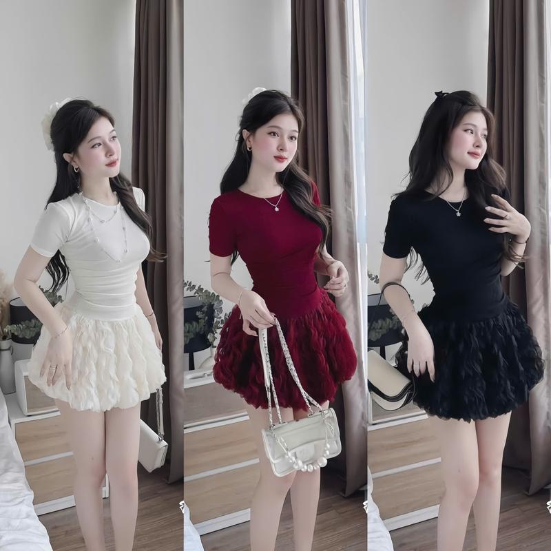 Kèm Quần Đầm nữ tay ngắn phối chân sóng phồng đính hoa thiết kế nhúng eo tôn dáng tùng bồng che khuyết điểm cho nữ