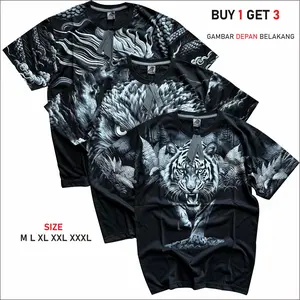 BRINGHTWEAR Paket 3 Kaos Fullprint Pria Dewasa Combed 24s Tebal Motif Random Size M L XL XXL XXXL Bahan Katun Cardet Distro Baju Cowok Keren Polos Oblong Pendek Panjang Atasan Karet Hitam