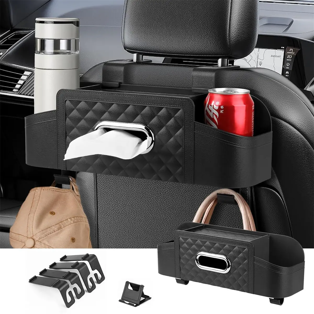 Car Seat Back Organizer with Cup Holder, Tissue Box, Phone Holder, Storage Hook, Multifunctional Back Seat Storage for Car Auto parts