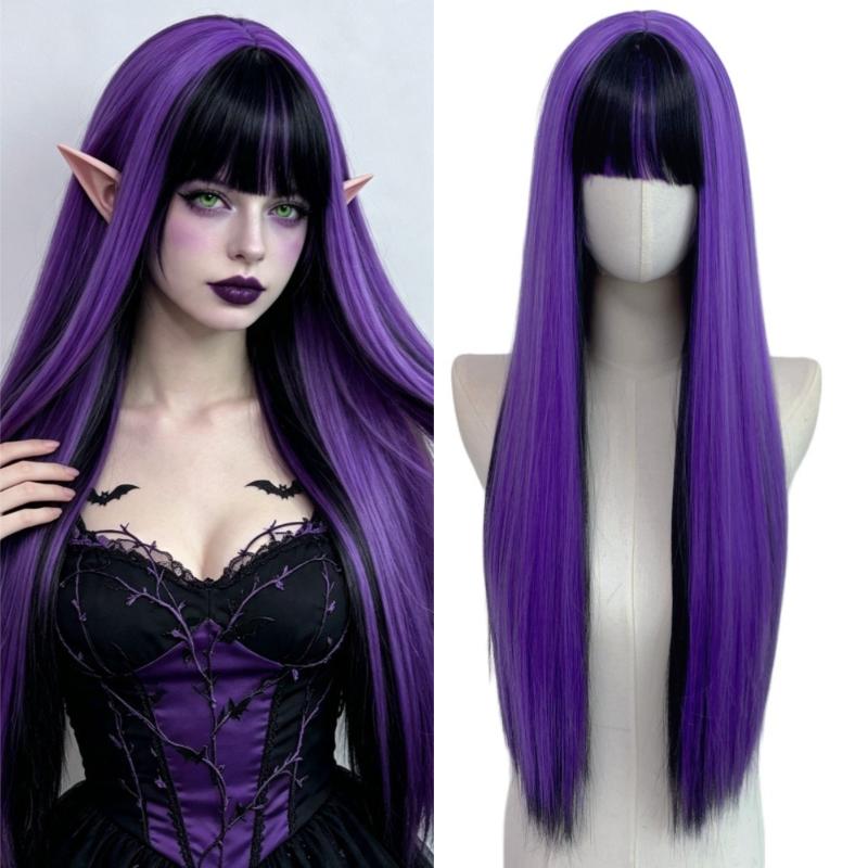 Tóc giả dài thẳng Halloween với mái nhẹ màu đen và trắng, sợi tổng hợp chịu…