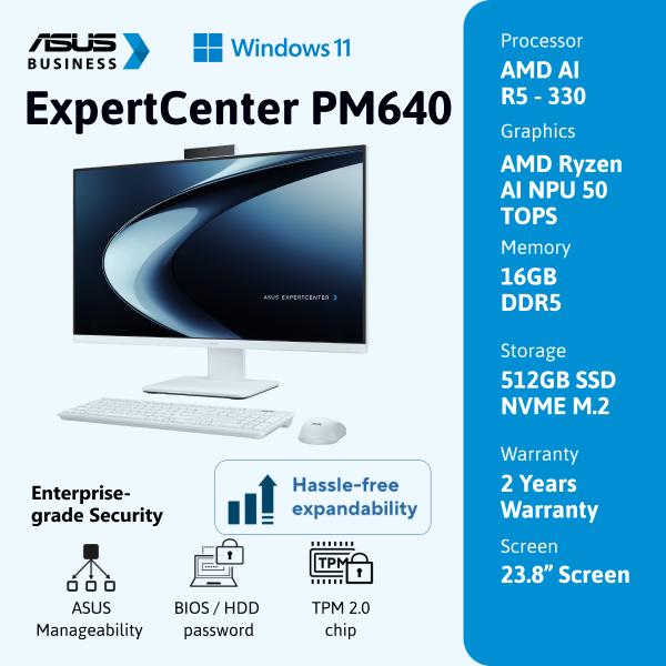 ASUS ExpertCenter PM640 [PM640KAK-W5150WS] 23.8"/AMD AI R5-330/DDR5 16G/512G PCIe SSD G4/Win 11 Home + OHS'24 (1Y M365)/2YOSS (1Y ADP)/White (5MP IR/TPM/WiFi 7/1Y Mcafee/Wireless KB&MS/HDMI-in)