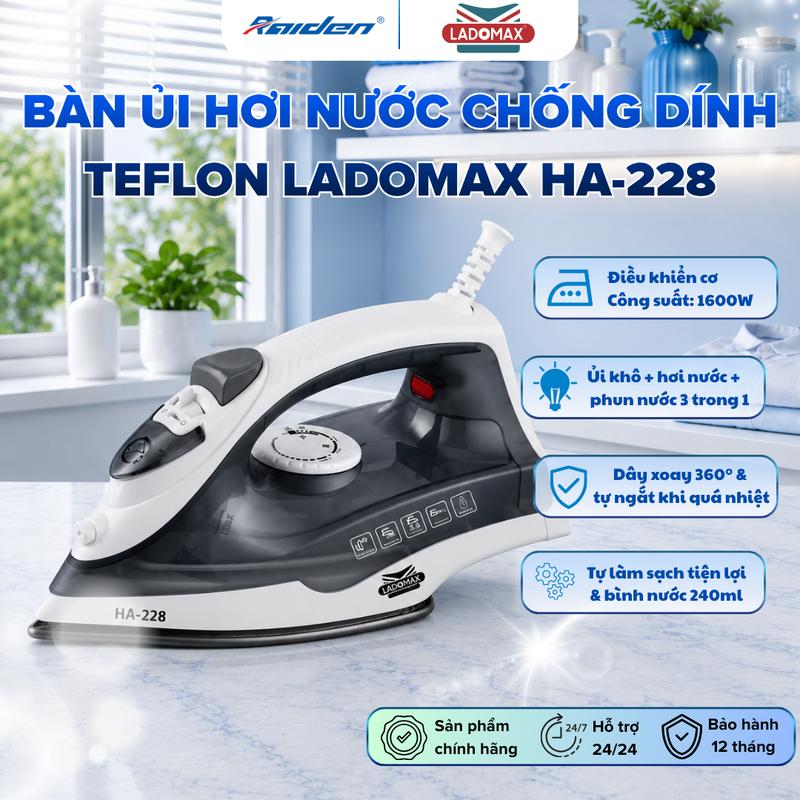 Bàn Ủi Hơi Nước LADOMAX HA-228 1600W – 240Ml – Đế Nhôm Phủ Teflon Chống Dính – Tự Làm Sạch