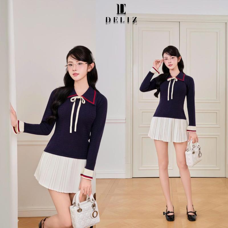 [MỞ BÁN] DELIZ - Áo len nữ dài tay bst thu đông màu xanh than phối nơ AL68