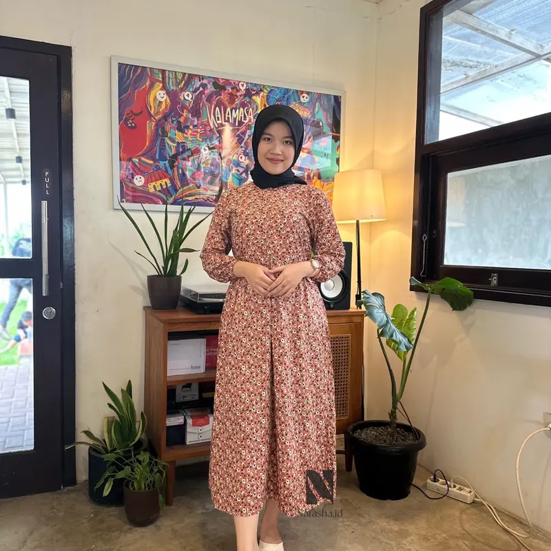 Midi Dress Flowers Busui Frendly Santai Rayon Premium Motif Bunga Cantik Nyaman Menyusui Muslim Baju Gamis Casual Katun Panjang Samping Lembut 4