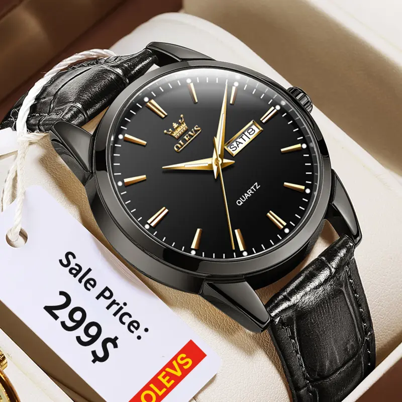 OLEVS Stylish Men's Quartz Watch - Business Design with Slim Dial | 30M Waterproof, Night Light Leather Band | Direct from Brand Model 6898