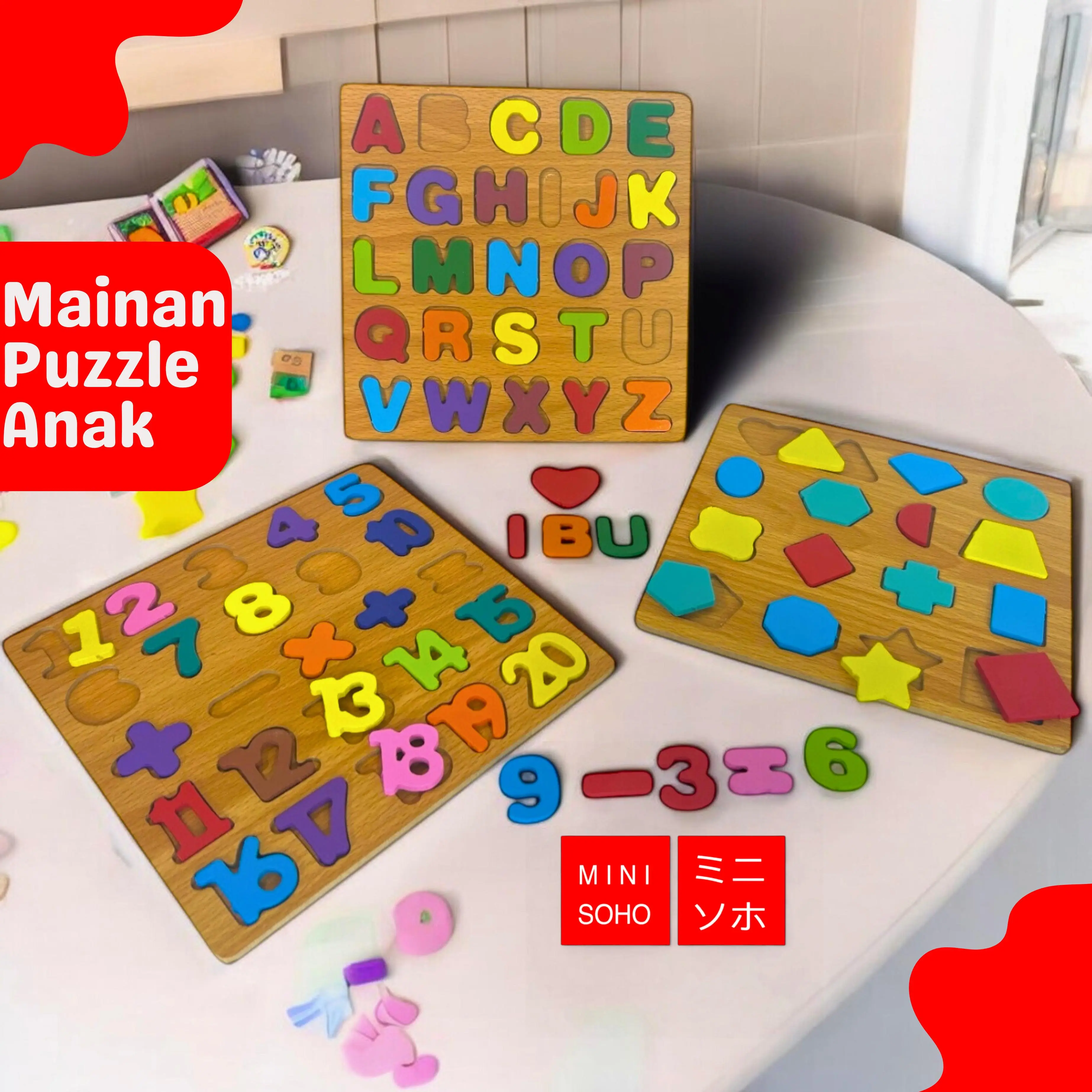 Mainan Anak Edukasi Puzzle Wooden Jigsaw Kayu 3D Edukatif Premium Besar Huruf Angka ABC Geometri