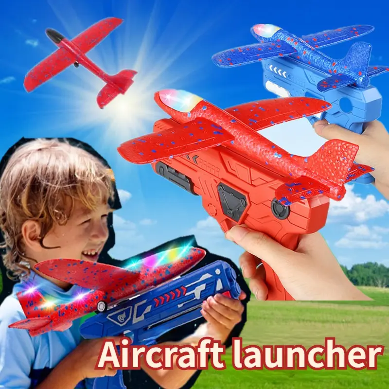 Flash Aircraft Launcher Toy Light Foam Aircraft Glider Children's Ejection Gun Toy Outdoor Game Tossing Whirlpool Aircraft Children's Parent-child Interaction Outdoor Toy Gift
