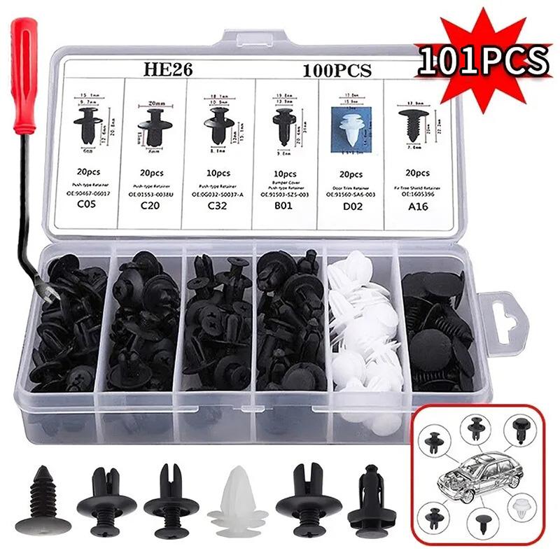 100 clips de fijación automotrices, kit universal para paragolpes, aletas, paneles de puertas y clips de tornillo expansivo interno - Foto 1