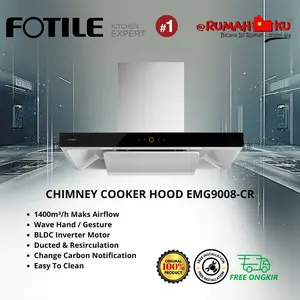 FOTILE Chimney Cooker Hood EMG9008-CR 90cm Wide Black Panel Resirkulasi & Cerobong 1400m³/h Maks Airflow Wave Hand Touch Function Stir Fry Mode 3 Speed Fan Control Delay Off 5 Menit Garansi 3 Tahun