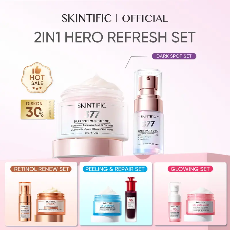 SKINTIFIC 2pcs Skincare Set | 2IN1 hero refresh set: Moisturizer + Serum/ Glowing Set / Anti Acne Set :Acne Treatment / Brightening Whitening / Barrier Repair / Pelembab Wajah Facial Acid Aging Hitam Ceramide Niacinamide Exfoliating Mencerahkan Pencerah 0