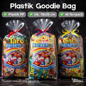40 LEMBAR (18 x 35 cm) - Plastik Bening Bingkisan Ulang Tahun Anak Motif Karakter Kartun Lucu - Kantong Plastik Goodie Bag Snack Jajan Makanan Acara PP + Tali Ikat [Pita] MURAH hampers Souvenir