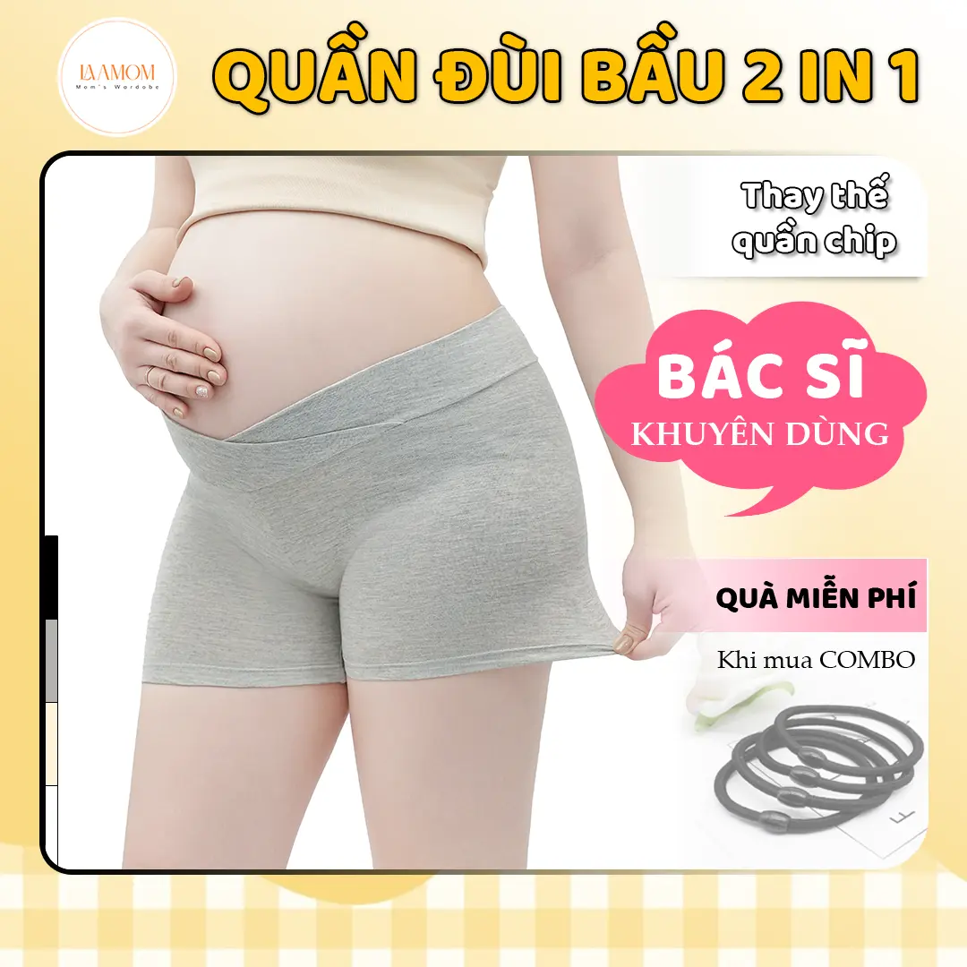 Quần đùi bầu Laamom 2 in 1 Có Đáy Kháng Khuẩn, quần bảo hộ bầu cạp chéo thay cho quần chip, chất cotton co dãn, thấm hút mồ hôi, mặc trong váy đi làm, đi chơi, đi khám thai,... QD3