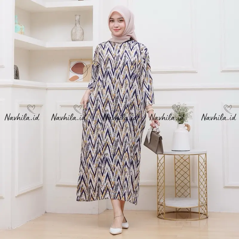 Navhila - Daster Motif Kekinian Tangan 3/4 Katun Rayon Gamis Nyaman Panjang Wanita Bumil Zipper Busui Basic Daily Santai 1