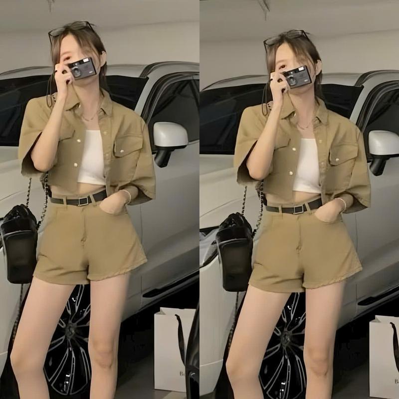 SET BỘ NỮ 3 MÕN CHẤT KAKI  áo trong 2 dây kèm khoác ngoài sơ mi ngắn tay mix quần ngắn trẻ trung cá tính năng động sang chánh cho các nàng đi chơi đi du lịch.women top
