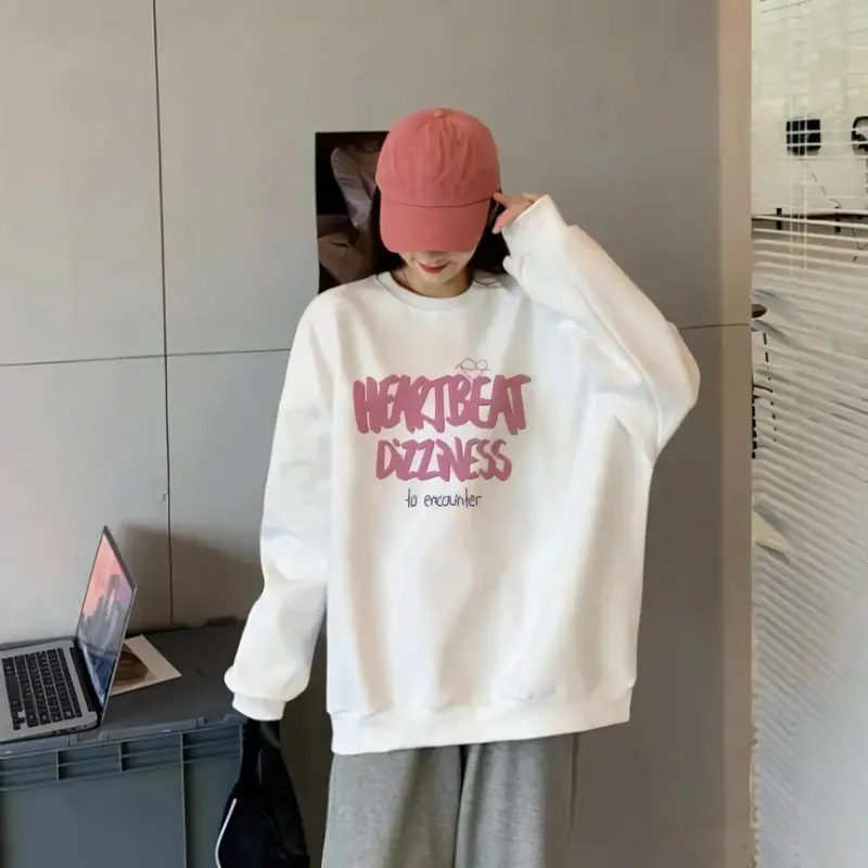 Sweater Crewneck Heart Beat Love Wanita Panjang Oversize BLUS Atasan Oblong Hoodie Sweatshirt baju atasan wanita Korean S Cewek Basic Korean S Fleece Kaos 5
