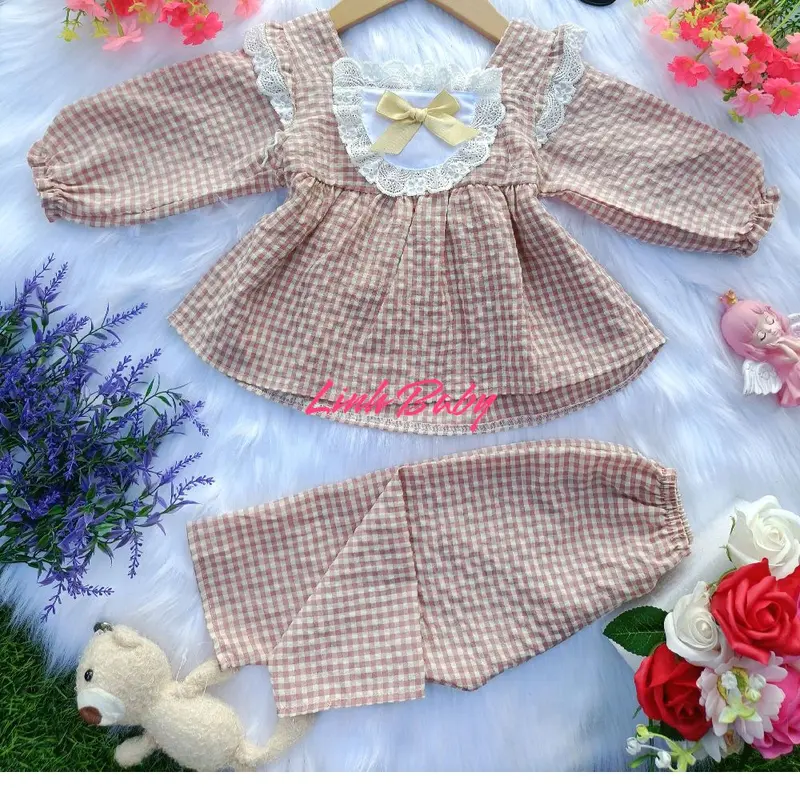 8_13ký) bộ đồ dài, áo tay dài cổ vuông đính nơ,quần dài chất vải đũi cho bé gái dưới 4tuổi 2